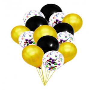 Set Baloane Alb Cu Confetti & Negru & Auriu 15Buc 30 CM