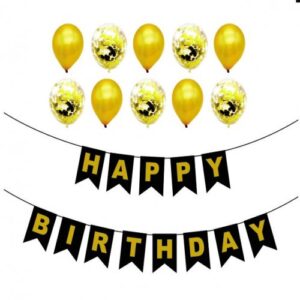 Set Banner Happy Birthday Negru + Set Baloane Cu Confetti 5Buc + Set Baloane Auriu 5Buc 35CM