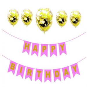 Set Banner Happy Birthday Roz + Set Baloane Cu Confetti 5Buc 35CM